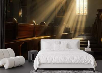 Empty church pews with sunlight streaming Wall mural