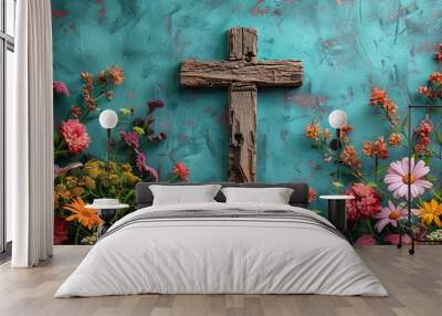 large wooden cross with beautiful flowers Wall mural