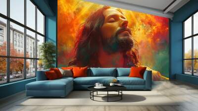 Man with long hair, eyes closed in a bright light Wall mural