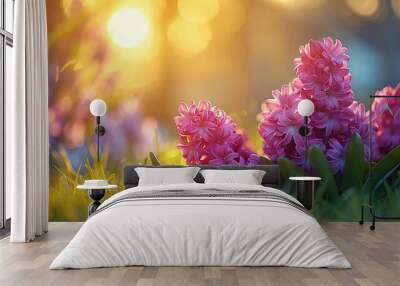 Pink Hyacinths Basking in Golden Sunlight Wall mural