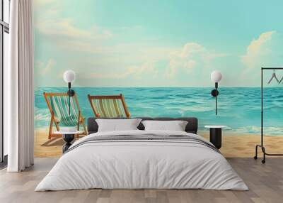 Relaxing Beach Scene with Two Lounge Chairs Wall mural