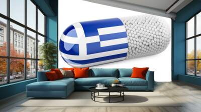 Pill capsule with Greek flag. Healthcare in Greece concept. 3D rendering Wall mural