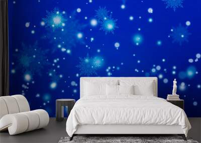 blue merry christmas background with bokeh and snowflakes. Place for text, copyspace. Wall mural