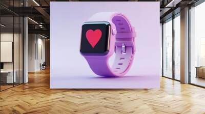 3d fitness bracelet or smart watch with heart sign and cardiogram on display in realistic style. the concept of doing sports and cardio training.illustration isolated on purple background.3d rendering Wall mural