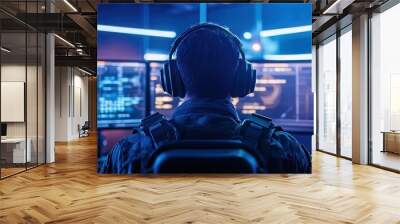 A military operator in tactical gear looks at a control room with multiple screens. Command center and strategy concept Wall mural