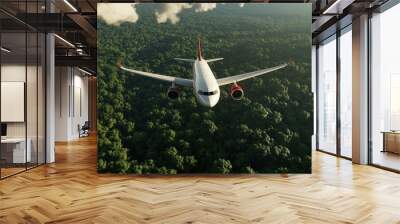 Airplane Flying Over Lush Green Forest Wall mural