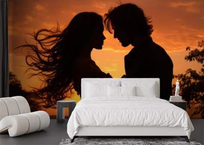 couple in love silhouette at sunset Wall mural