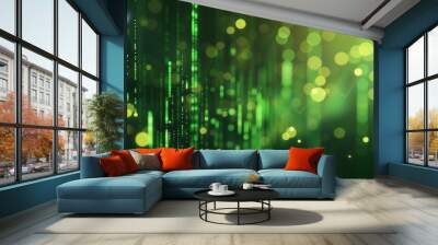 Dark background green technology graphic image glowing green lines Wall mural