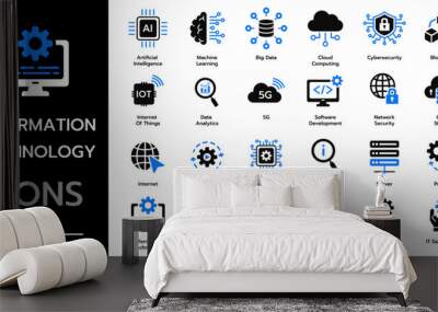 Information Technology icon set. cloud computing, IT manager, big data, data analytics, internet, network security and more. Solid vector icons collection Wall mural