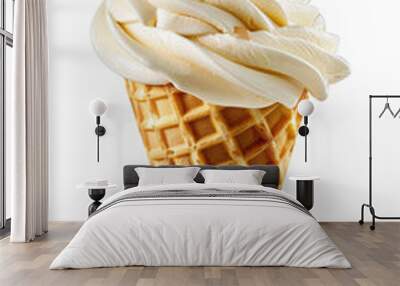 Soft serve vanilla Ice cream swirl on waffle cone on transparent background cutout, PNG file.
 Wall mural