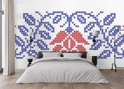 Embroidered cross-stitch seamless border pattern with flowers Wall mural