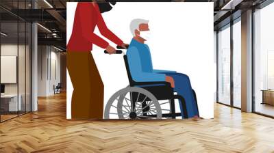 Young woman walks with elderl man in wheelchair Wall mural