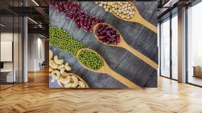 Assortment of beans flat lay on wooden background Food,nature,ingredient concept Wall mural