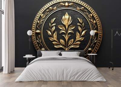 Ornate golden floral emblem on dark background, isolated view. Wall mural