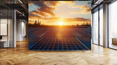 Modern Solar Panels at Sunset in Industrial Landscape Wall mural