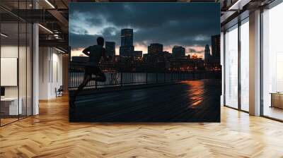 Runner Sprinting Along a City Boardwalk at Dusk Wall mural