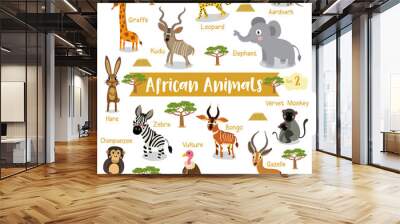 African Animals cartoon on white background with animal name, Vector illustration. Set 2. Wall mural