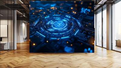 Digital illustration of blue hexagon circuits combined with transparent circular tech elements, creating a modern digital feel Wall mural