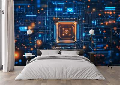 Transparent AI microchip on a blueprint background with futuristic technology icons Wall mural