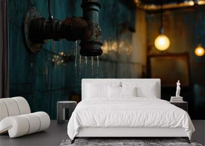 Close-up of water dripping from a metal pipe joint in a dimly lit apartment, showing rust stains. Wall mural