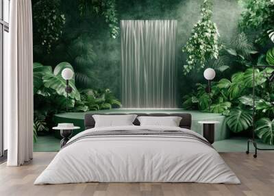 Minimalist green podium with waterfall and lush greenery, ideal for nature-inspired product displays, peaceful ambiance. Wall mural