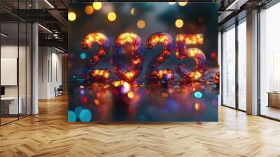 The year 2025 in 3D typography, illuminated with festive colors, creating an eye-catching design ideal for New Year celebrations. Wall mural