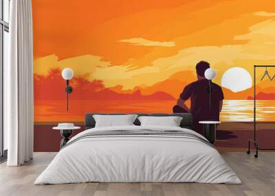 sad man sitting on the beach, orange background, a simple flat illustration style, bright colors Wall mural