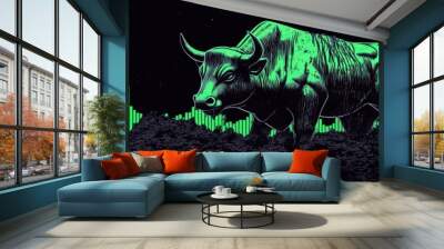 A digitally rendered bull strides across a vibrant green audio waveform, symbolizing strength and market activity in a striking visual contrast. Wall mural