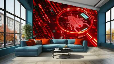 Bug bounty program, magnifying glass over bug icon, neon red digital code on black background, intense urgent, cybersecurity focus Wall mural