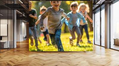 Happy children group running, playing, sunny, park, kids smiling enjoying active day outdoors Wall mural