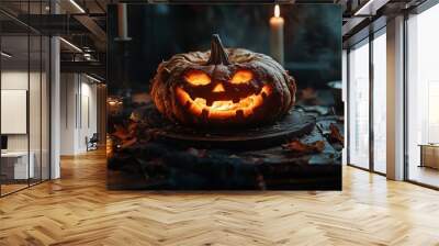 jack o' lantern pumpkin, glowing face, candles surrounding, leaves , spooky Halloween atmosphere Wall mural