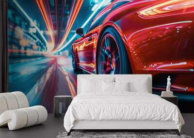 A red sports car is speeding down a road with neon lights in the background. Generative AI Wall mural