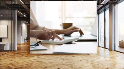 Close up hand of woman using computer calculating household finances or taxes on machine, female manage home family expenditures, using calculator, make payment on laptop Wall mural