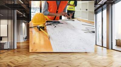 engineer working in office with blueprints, inspection in workplace for architectural plan, construction project ,Business construction Wall mural