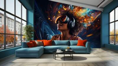 Exciting afro woman in VR glasses in neon space, digital art illustration. Generative AI Wall mural