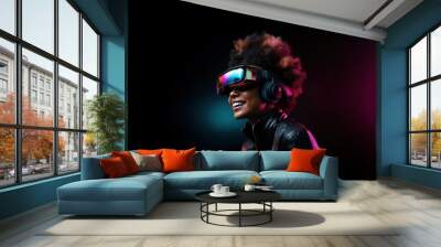 Exciting afro woman in VR glasses in neon space, digital art illustration. Generative AI Wall mural