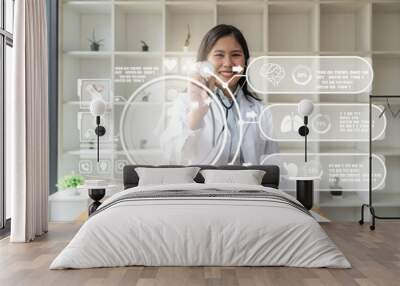 Female doctor with stethoscope icon hologram medical innovation, future technology concept Wall mural