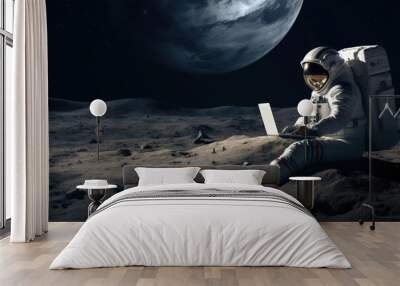 Lonely astronaut using laptop sitting on moon. generative ai Wall mural