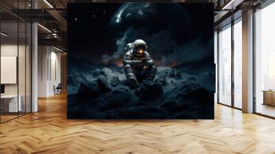 Lonely Astronaut using mobile phone in space, Generative ai Illustration Wall mural