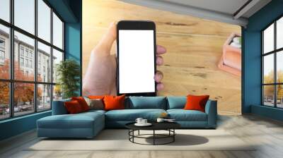 man using smart phone with blank mobile and cup of coffee .Smart Wall mural