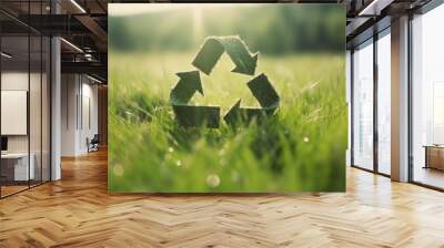 Recycle symbol on the green grass, sustainable and eco environment concept. Generative AI Wall mural