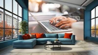 Search technology, search engine optimization, businesswoman using laptop to search information, using search bar function on your website Wall mural