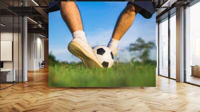 An action sport picture of a man playing soccer football for exercise underblue sky. Wall mural