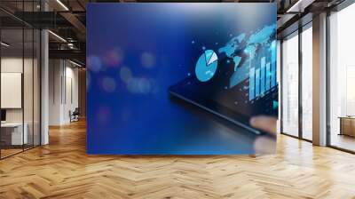 Business analysis big data sciences and economic growth with financial graph. Concept of virtual dashboard technology digital marketing and global economy investment network. 3D illustration banner. Wall mural