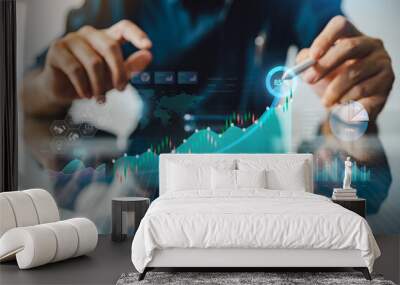 Business analysis big data screen and economic growth with financial graph. Concept of virtual dashboard technology digital marketing and global economy network connection. 3D illustration. Wall mural