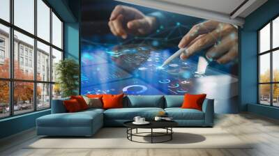 Business analysis big data screen and economic growth with financial graph. Concept of virtual dashboard technology digital marketing and global economy network connection. 3D illustration. Wall mural