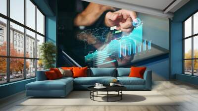 Business analysis big data screen and economic growth with financial graph. Concept of virtual dashboard technology digital marketing and global economy network connection. 3D illustration. Wall mural