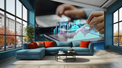 Business analysis big data screen and economic growth with financial graph. Concept of virtual dashboard technology digital marketing and global economy network connection. 3D illustration. Wall mural