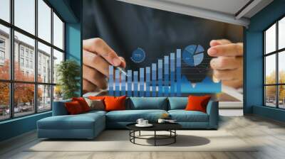 Businessman investment consultant analyzing company financial report balance statement working with digital augmented reality graphics. Concept for business, economy and marketing. 3D illustration. Wall mural