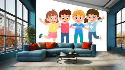 Group of multicultural happy children smile and wave their hands. Funny cartoon kids character. Flat vector illustration isolated on white background. Wall mural